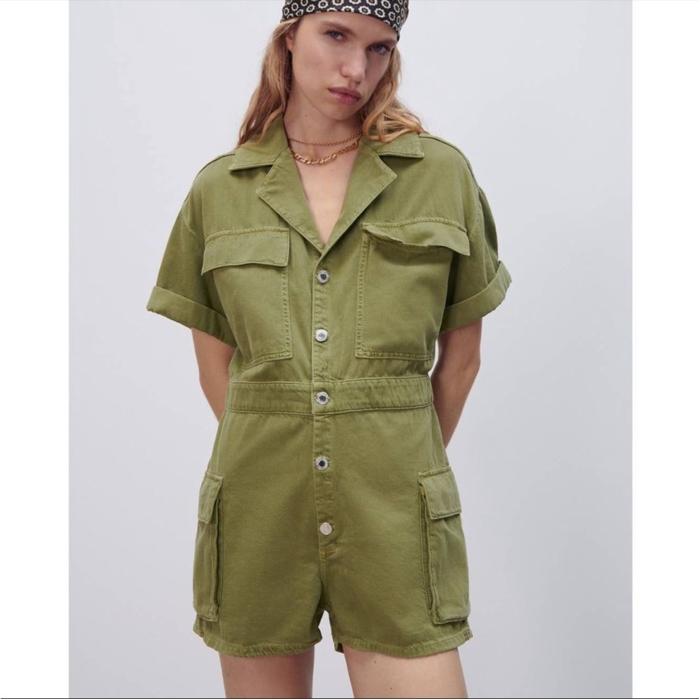Zara green denim jumpsuit romper